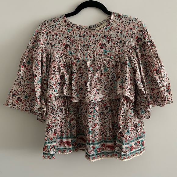 Ne Quittezpas Indian Block Print Boho Ruffle Top Womens Small - Picture 1 of 7